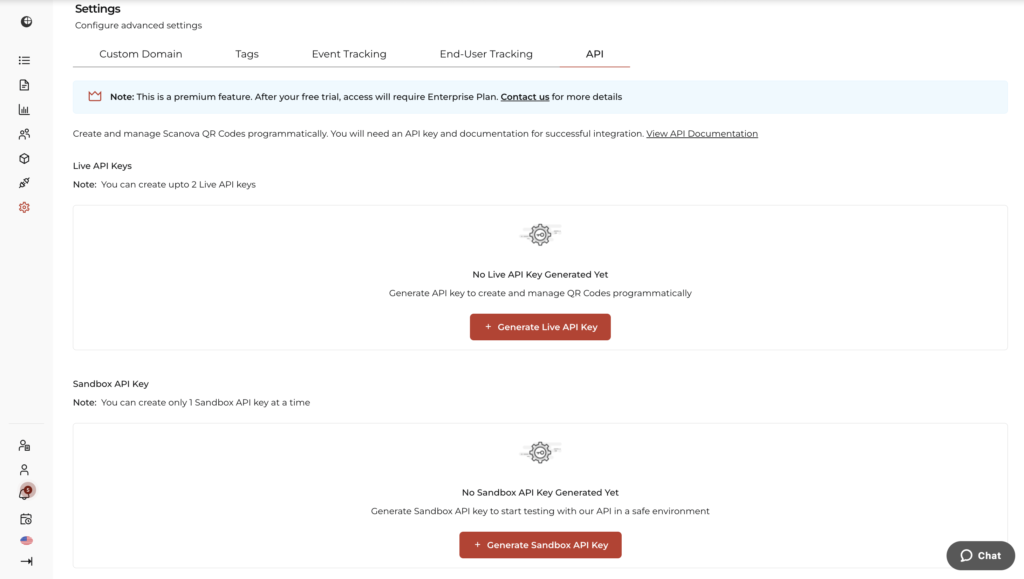 Screenshot showing Scanova's bulk generation and API feature interface with "Live API Key" & "Sandbox API Key" options.