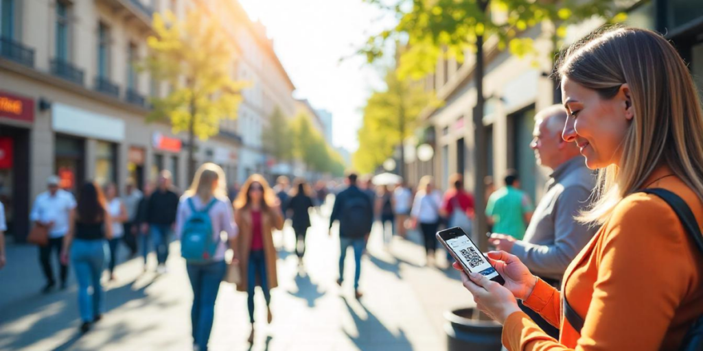 A woman using a QR Code on her smart phone.