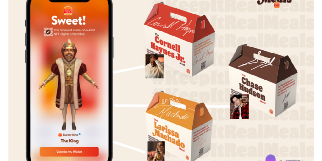 The Burger King app home screen with various meal boxes nearby.