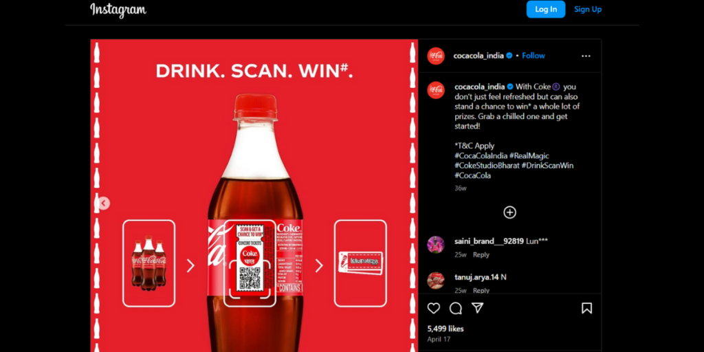 An Instagram post screenshot showing Cocacola's QR Code lucky draw campaign.