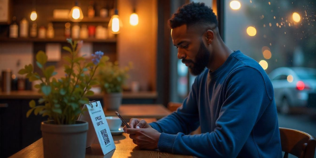 A man using his smartphone in a restaurant.