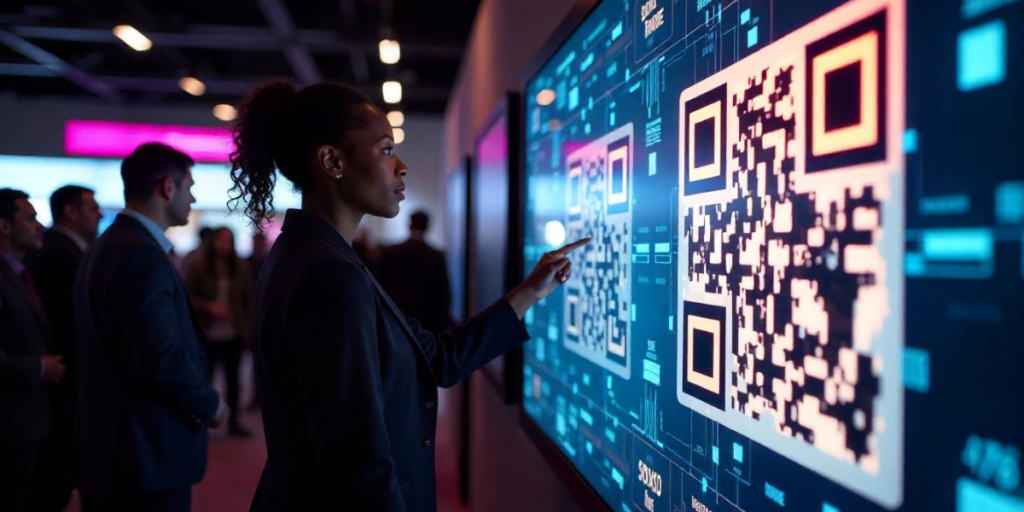 A woman interacting with a giant QR Code on a digital screen.