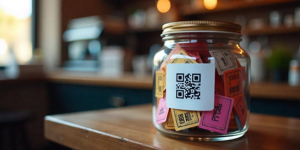 A glass jar with a QR Code sticker on it.