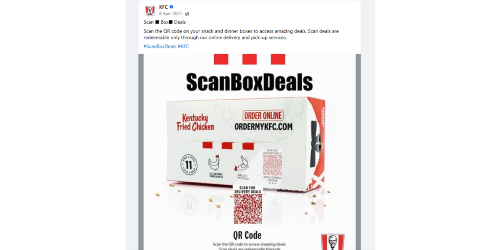 A Facebook post screenshot showing KFC's QR Code lucky draw campaign.