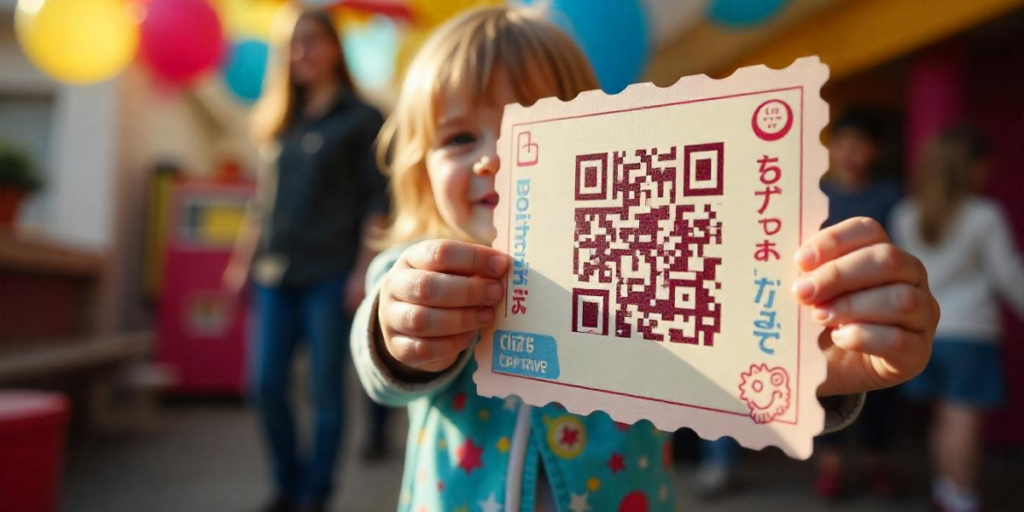 A kid holding a brochure with a QR Code on it.