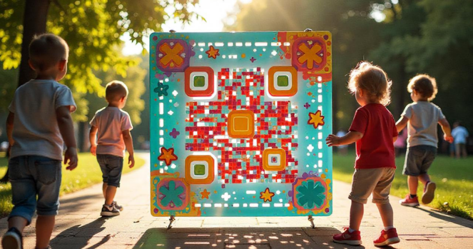 Children running around a giant and colorful QR Code for lucky draw.