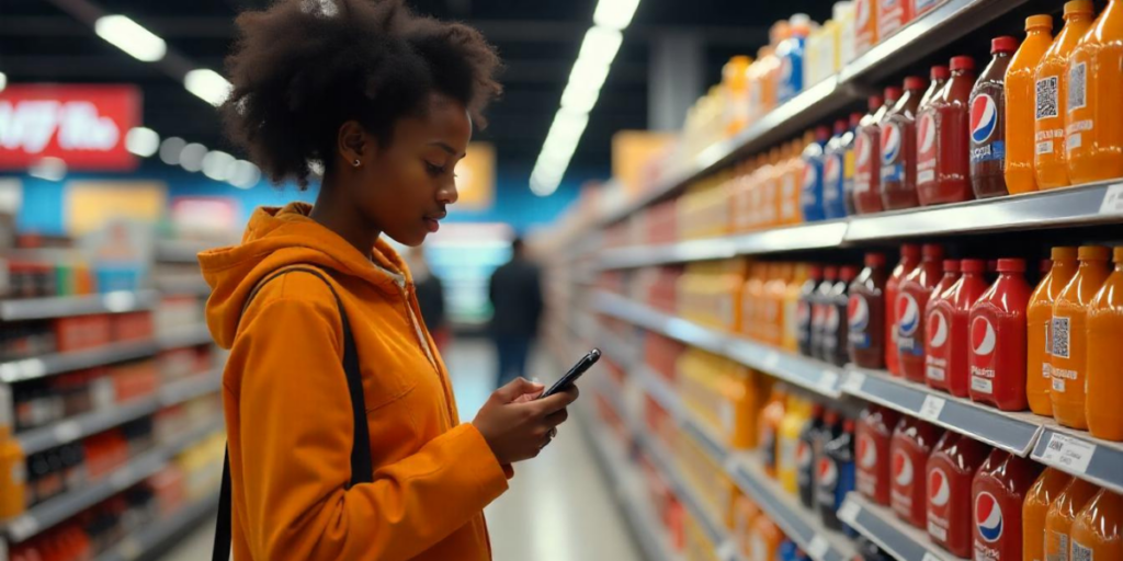 A woman using her phone a shopping mart's aisle area.