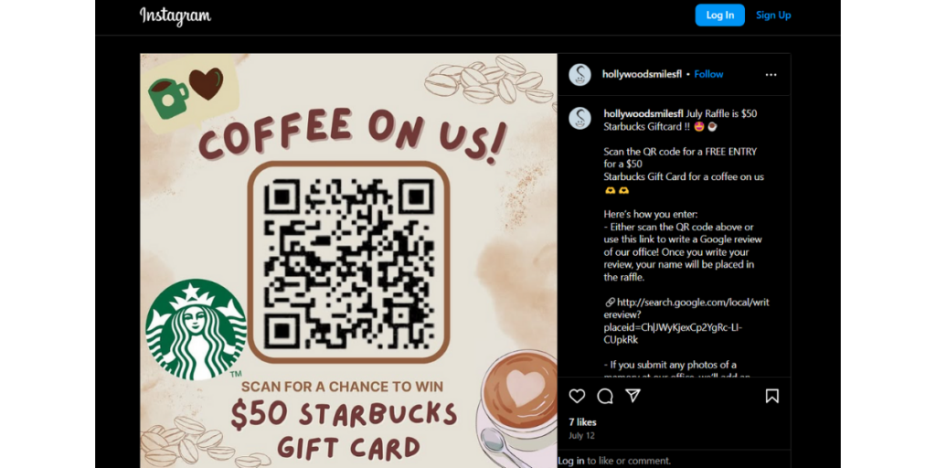 An Instagram post screenshot showing Starbucks's QR Code lucky draw campaign.