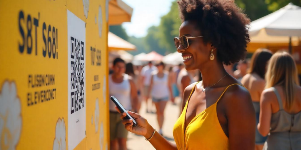 A woman in a yellow dress scanning a QR Code for lucky draw at an event.