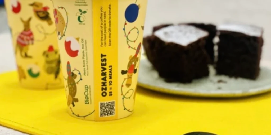 Ozharvest revamped their cups for Christmas by adding a QR Code for donations. They also showed how $5 could help provide meals.