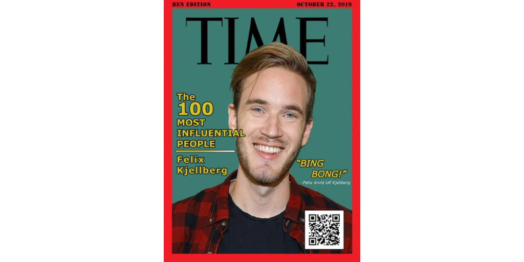 Time Magazine's cover with youtuber PewDiePie's image and a QR Code on it.