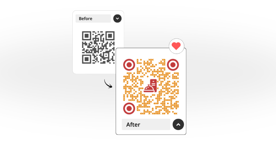 A black and white QR Code turning into a color QR Code with logo.