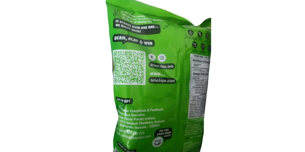 A green chips packet of BRB brand with a QR code on the back of the packaging, allowing people to play, scan, and win.