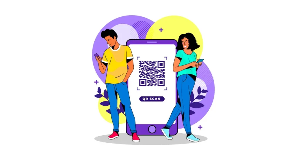 Illustration of a girl and boy standing in front of a huge smartphone with a QR code on it.