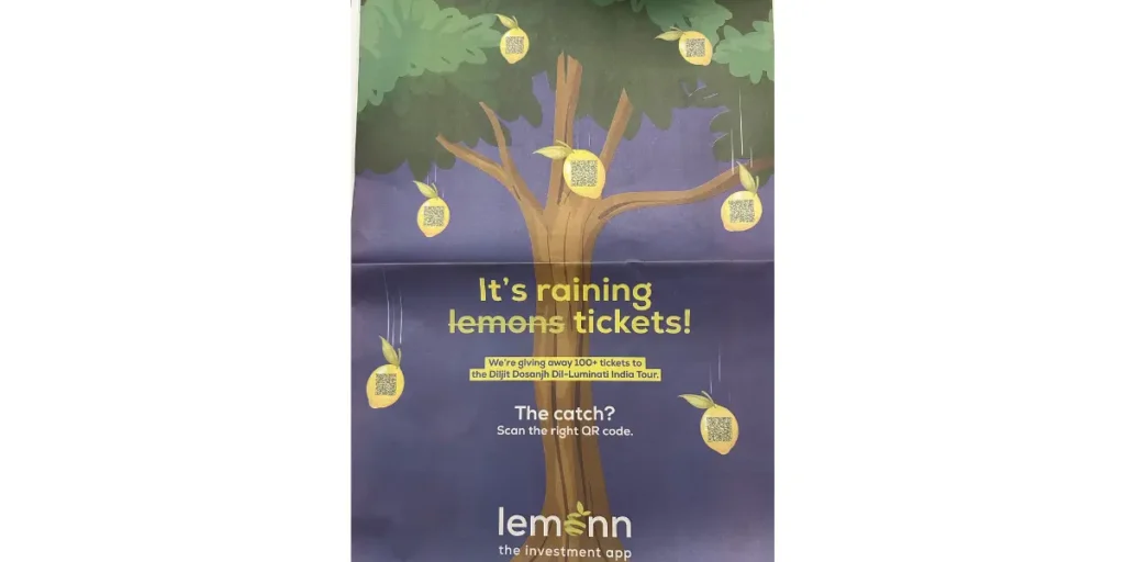 A newspaper advertisement by Lemon, an investment app, featuring trees with lemons hanging, each with a QR code for a giveaway of concert tickets.