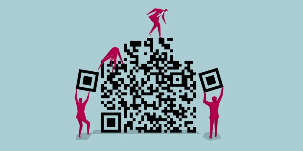 Illustration of 4 pink-colored figures building a QR code idea, piece by piece, into a real-life box.