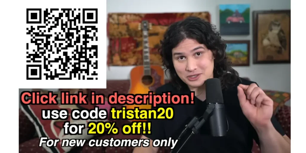 Tristan Paredes promoting a product through a QR code in his YouTube video, offering a code for extra discounts.