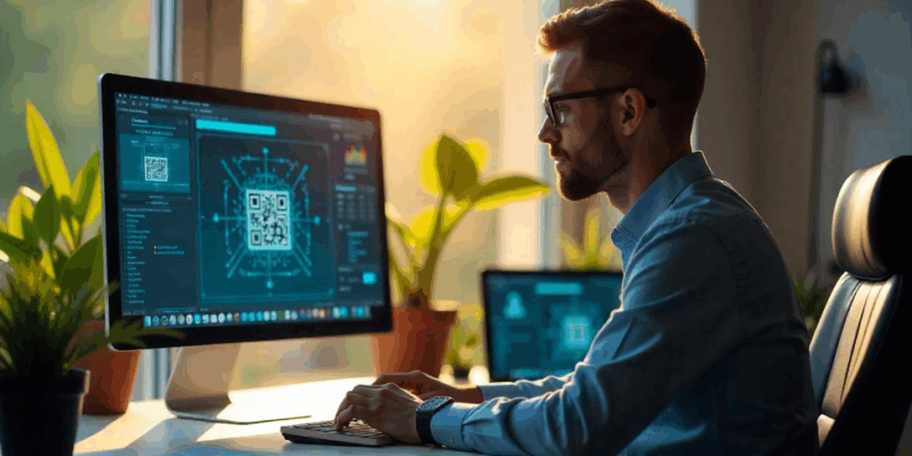 A man viewing his created QR Code on his computer monitor.