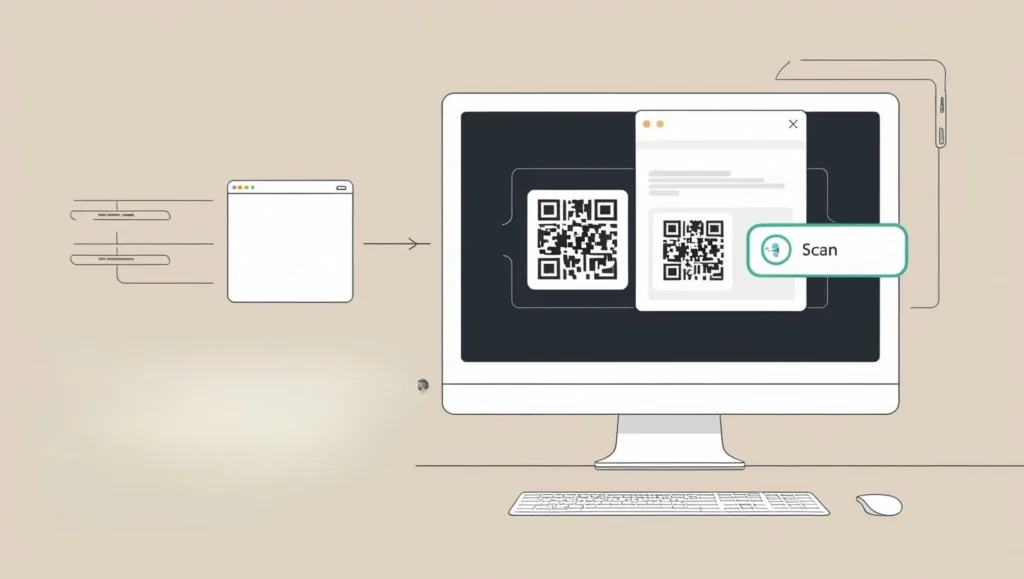 A QR Code on the computer screen being scanned using a Google Lens QR Code Scanner online from the computer. 