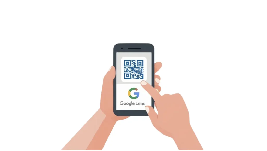 A person holding a mobile phone on their hand to scan a QR Code using Google Lens