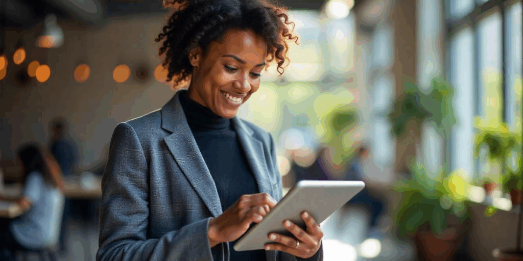 A woman accessing her company data on her tablet.