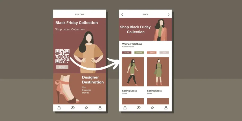 Vector of a catalog featuring a Black Friday QR code for shopping the new collection.