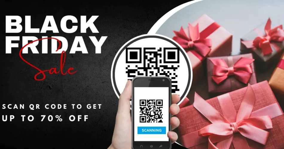 Person holding smartphone, scanning Black Friday QR code on a sale poster.