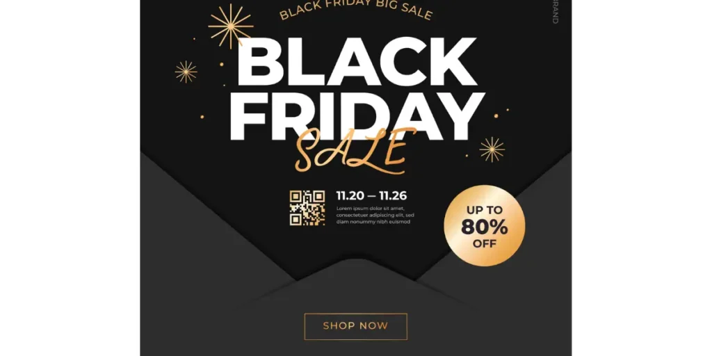 Black Friday sale poster featuring a golden QR code for up to 80% discounts.