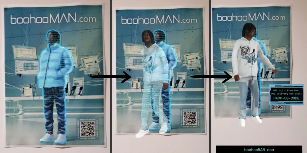 boohooMAN's Black Friday AR campaign featuring a digital character pointing at a discount code.