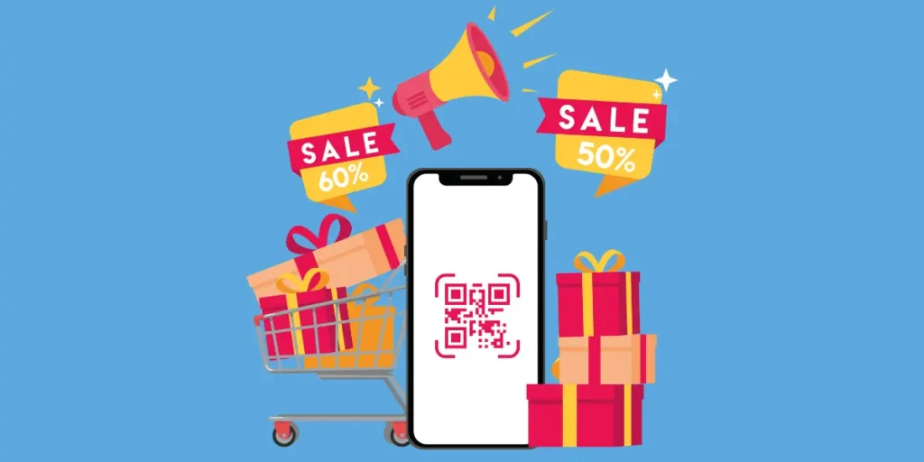 Large smartphone displaying Black Friday QR code, surrounded by gifts and a shopping cart.