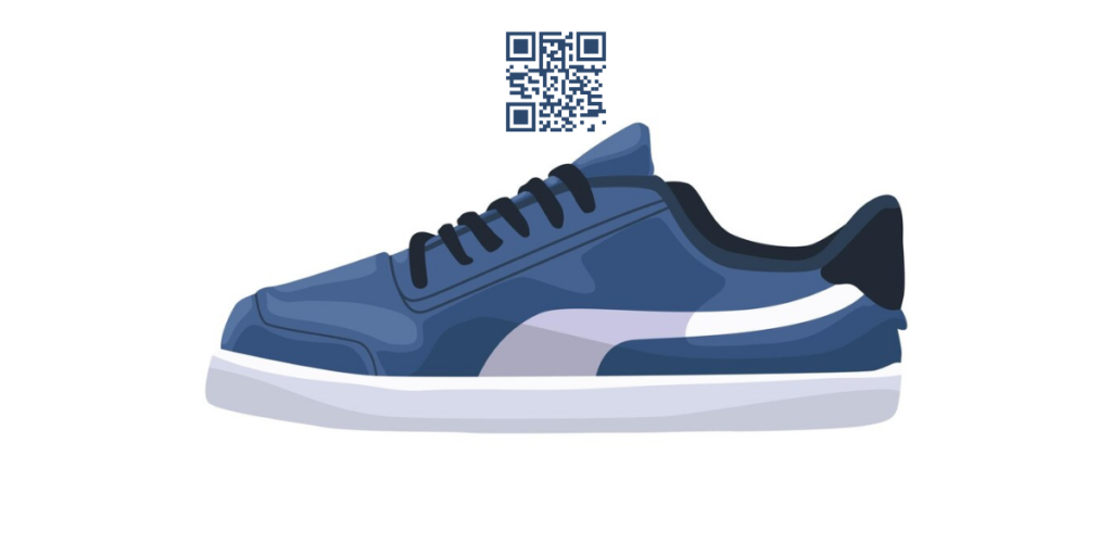 A blue/white/black colored sneaker with a blue QR Code above it.