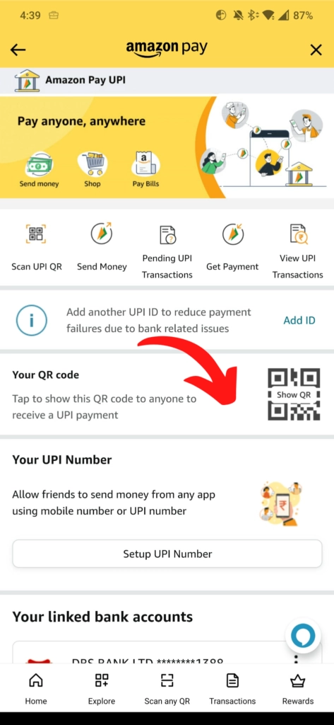 Amazon UPI QR Code button