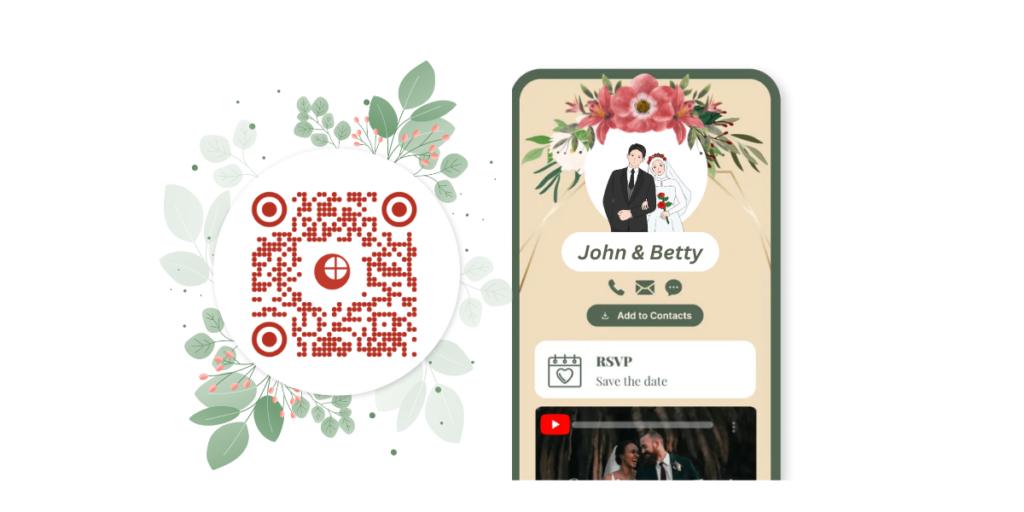 A qr code for wedding rsvp along with a smartphone with a wedding themed landing page open on it
