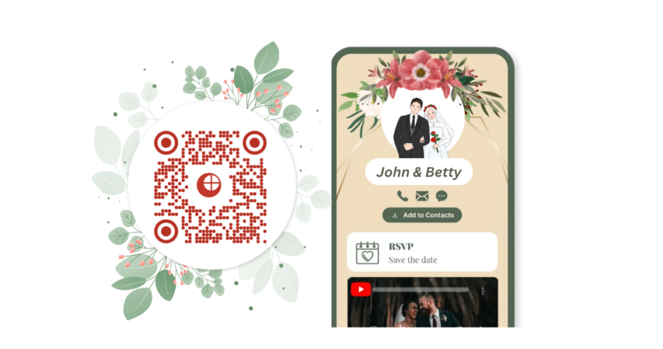 A qr code for wedding rsvp along with a smartphone with a wedding themed landing page open on it