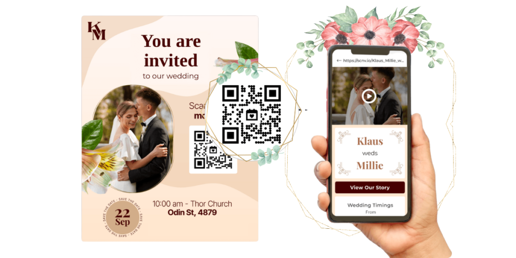 A wedding invitation with a wedding QR Code on it and text "You are invited"