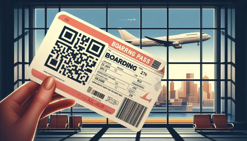 A hand holding a QR Code boarding pass with a plane taking off in the background.