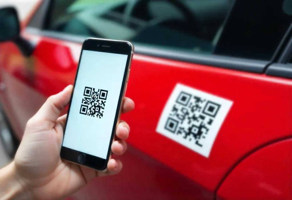 A hand holding a smartphone scanning a parking QR Code sticker on a car.