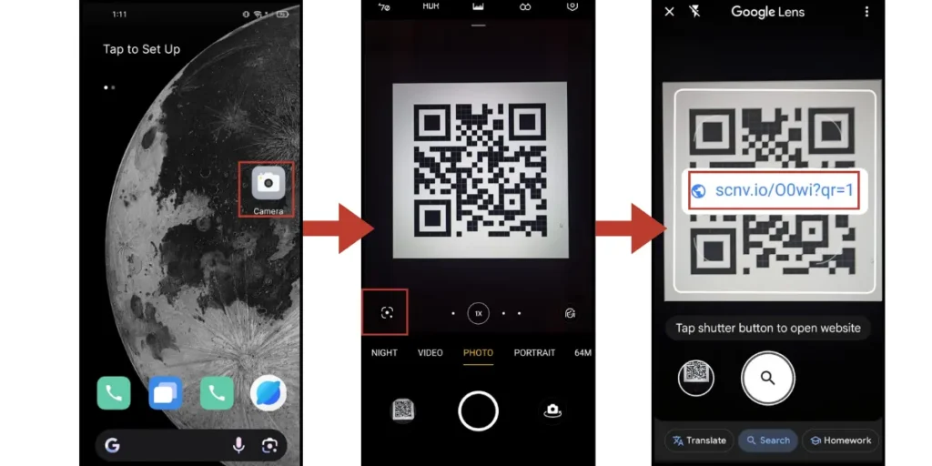 Screenshots demonstrating how to scan QR Code on android using google lens from camera app.