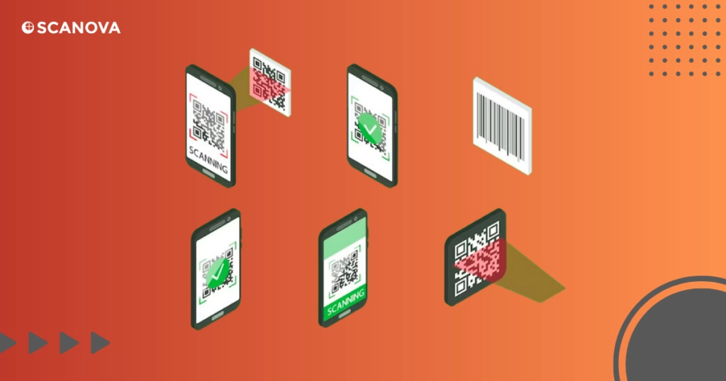 Illustration of multiple smartphones scanning different types of QR codes.