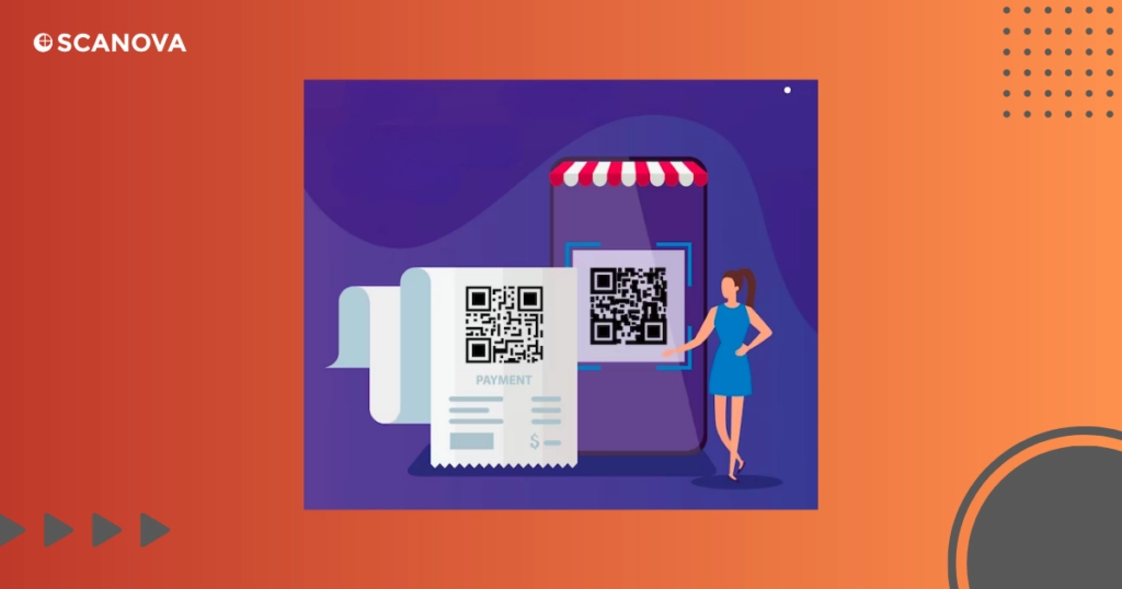 Illustration of a woman standing beside a huge receipt with a QR code on it.