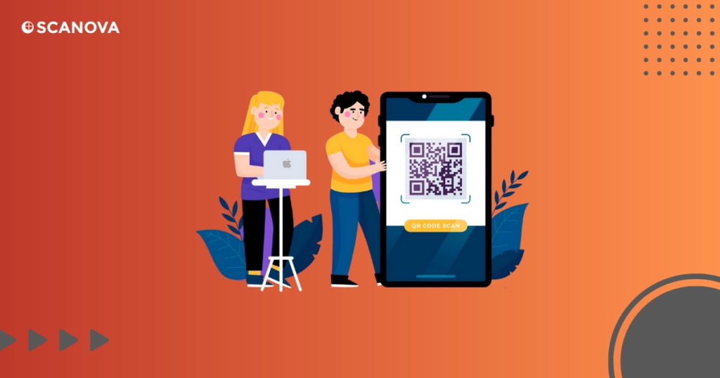 Illustration of a man and woman enabling QR Code scanning on an iPhone and iPad.