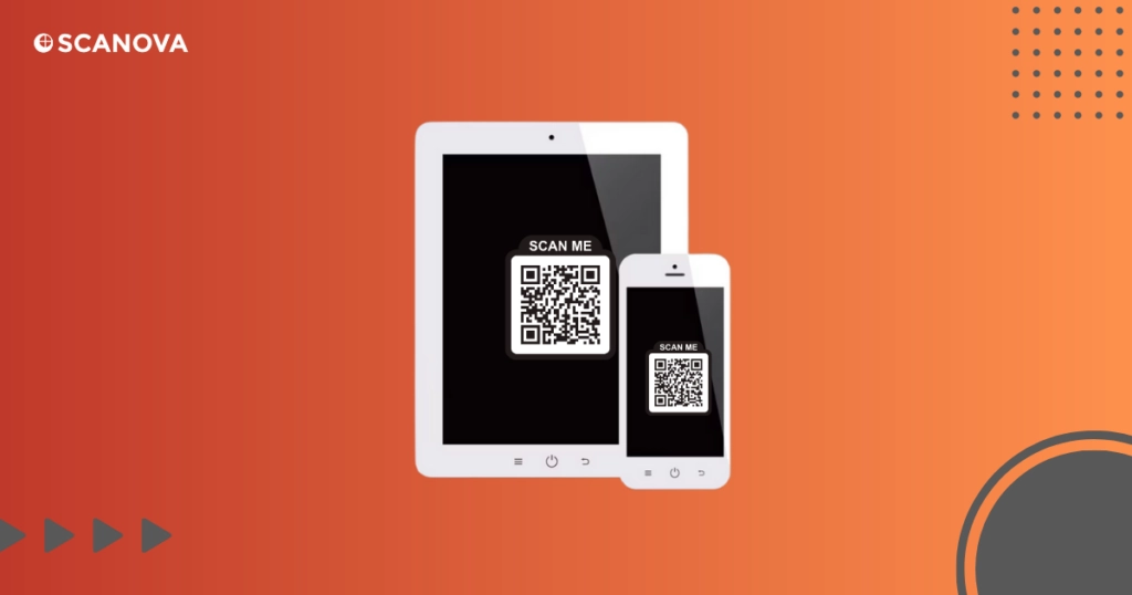 Illustration of an iPad and an iPhone side by side, both displaying a QR code with 'Scan me' text.