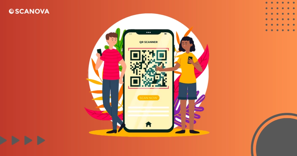 Illustration of a man and woman standing beside a large phone displaying QR code reader apps for iPhone.