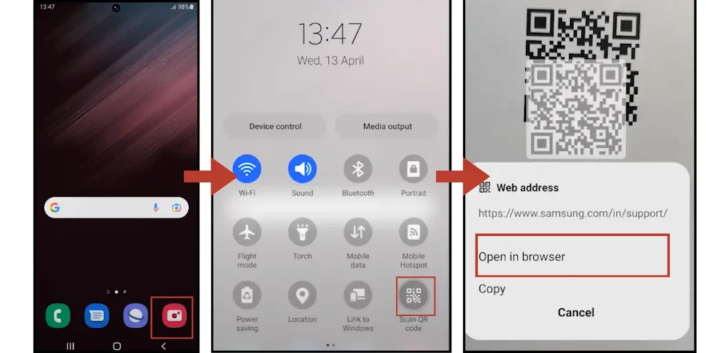 Screenshots demonstrating how to scan QR Code on samsung galaxy using notification bar.