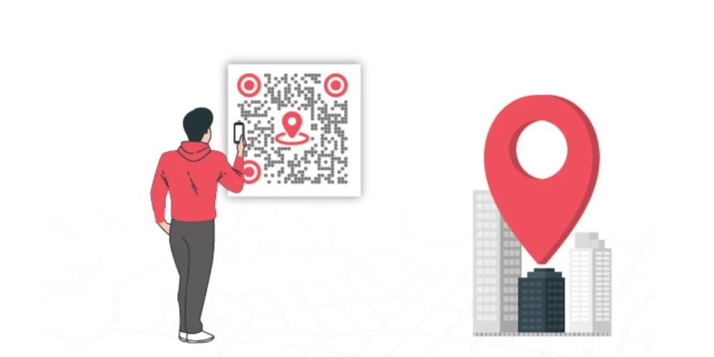 A person scanning a location QR Code with a map logo in the middle.