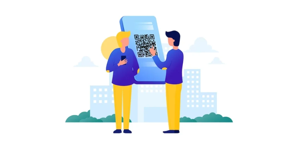 an image with two persons near a QR Code