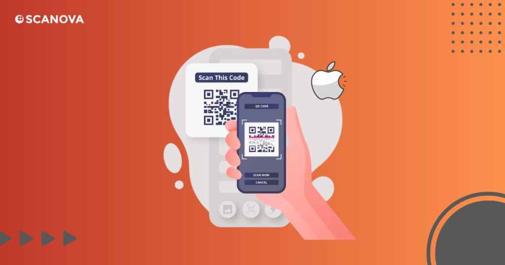 Illustration of a hand holding an iPhone scanning a QR code.