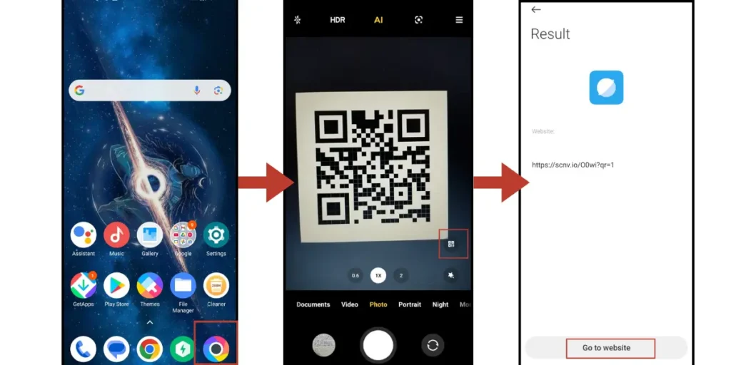 Screenshots demonstrating how to scan QR Code using Xiaomi phones.