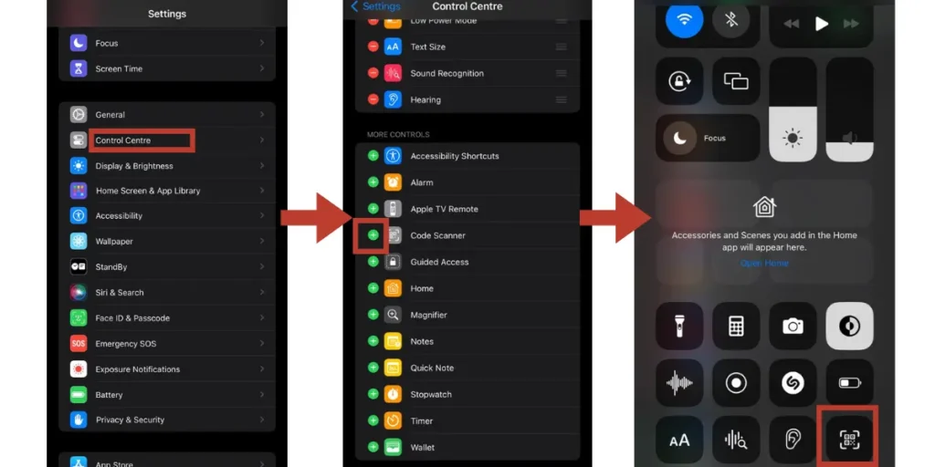 Screenshots showing the steps to scan a QR code on iPhone from the control center.