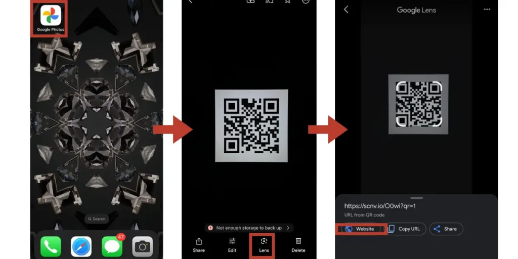 Screenshots showing the steps to scan a QR code on iPhone from the google photos app.